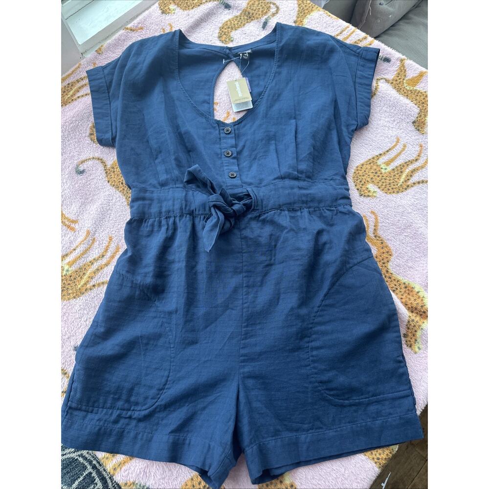 Patagonia Organic Cotton Gauze Romper XS Blue Tie Waist Casual Summer NWT